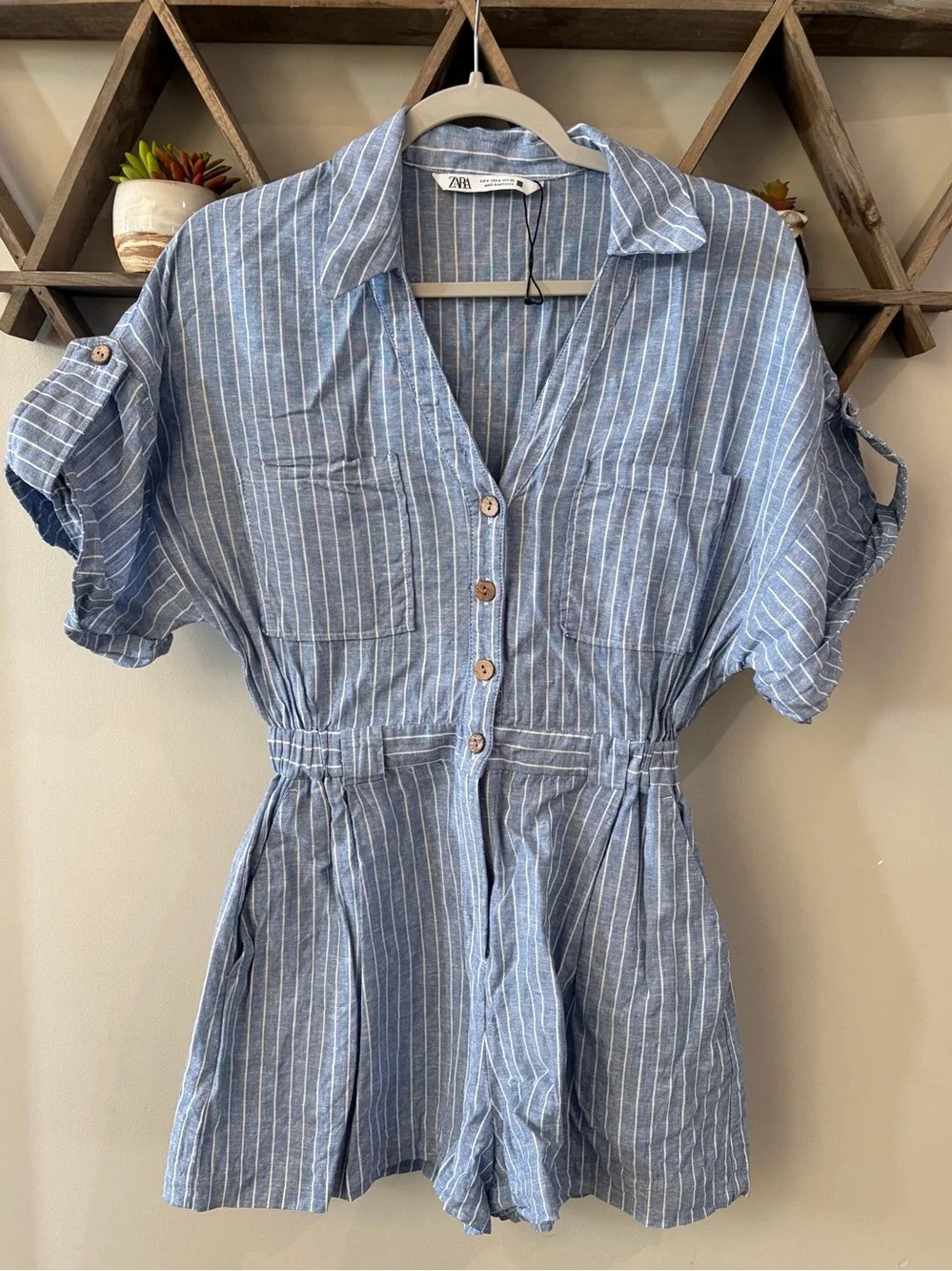 Zara Blue/White Striped Linen Blend Romper. Size small.